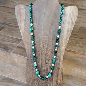 Green Beaded Necklace w/ Pearl Beads & Gold Tone Spacers